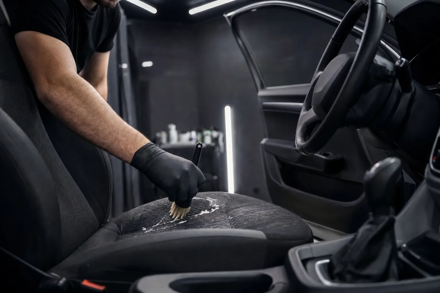 Polsterreinigung eines Autositzes mit Bürste und Schaum