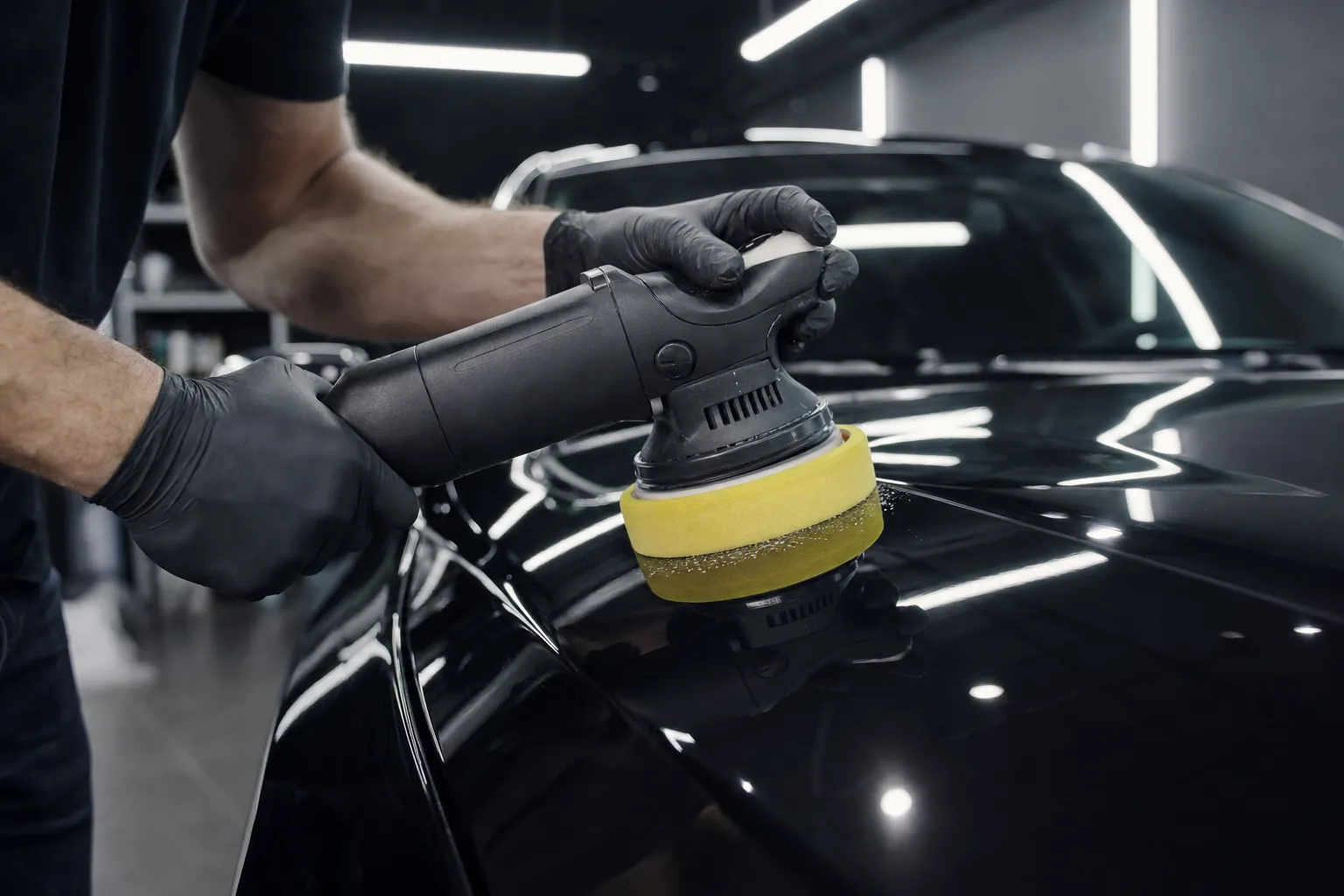 Maschinelle Lackpolitur auf einer schwarzen Motorhaube